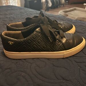 Tory Burch Black Quilted Leather Sneakers with Gold Logo Accent